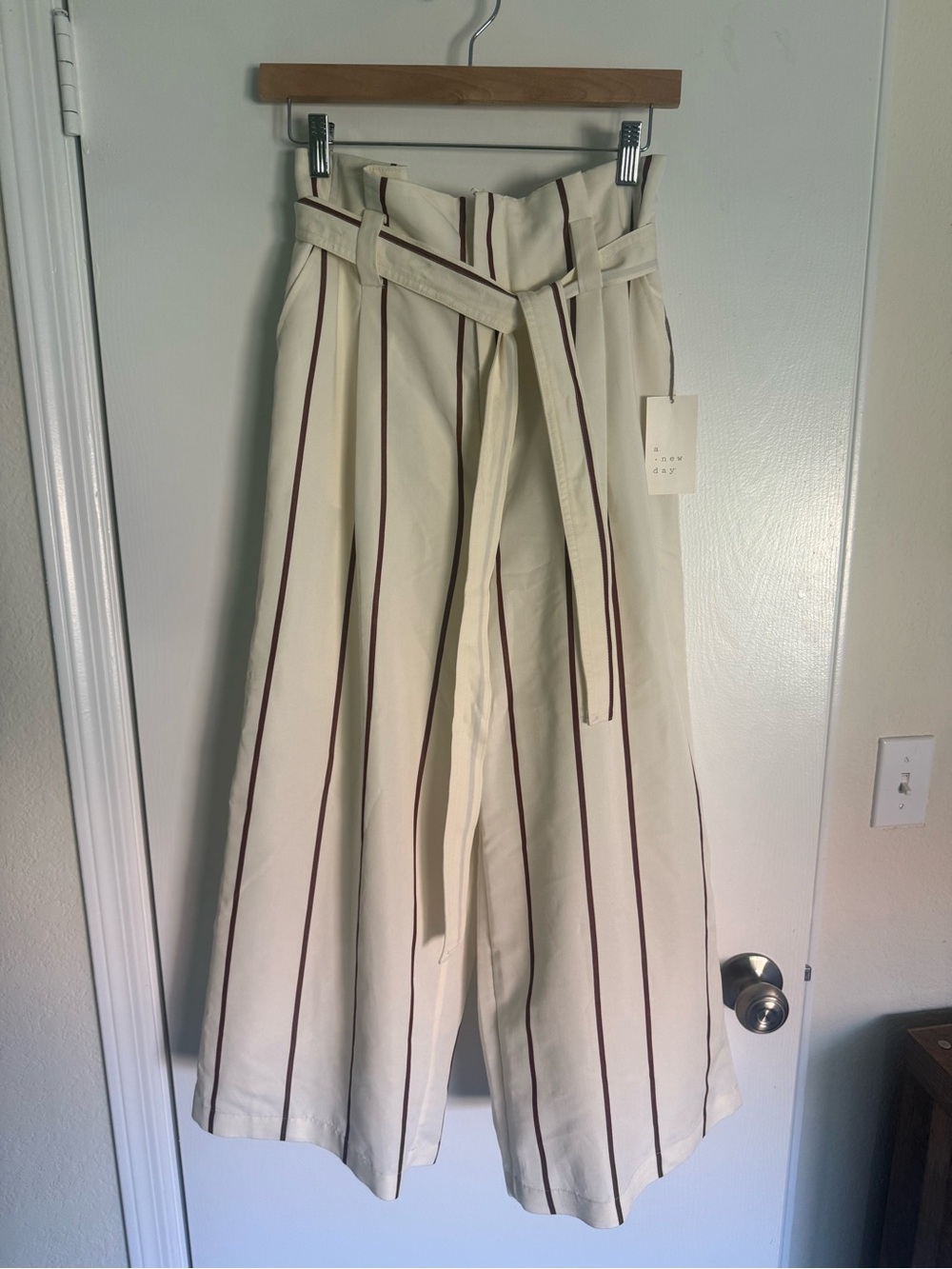 NWT Wide Leg Striped Paperbag Waist Pants - Cream with Brown Stripes